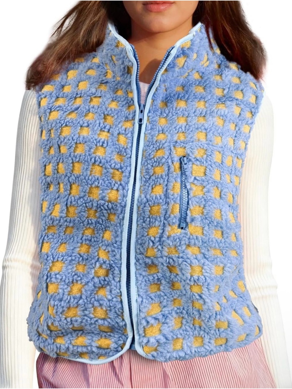 Women's Blue & Yellow Sherpa Zip Vest